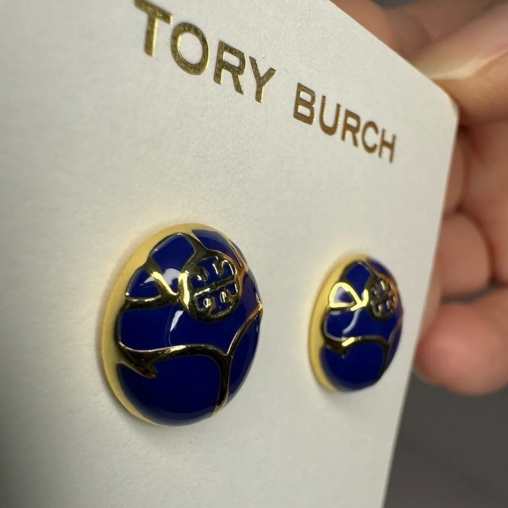 Tory Burch New Blue Enamel Oval Gold-Toned Earrings